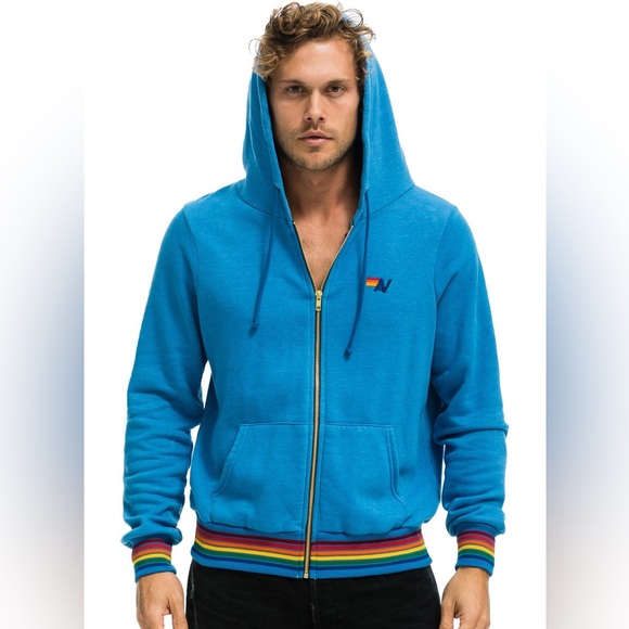 Aviator Nation Rainbow Rib Cuff Zip Up Hoodie Ocean Blue Turquoise Large NWT - Picture 3 of 15